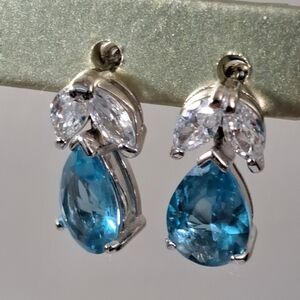 Sterling Silver, Blue and Clear CZ Tear Drop Pear Shaped Earrings 5/8"